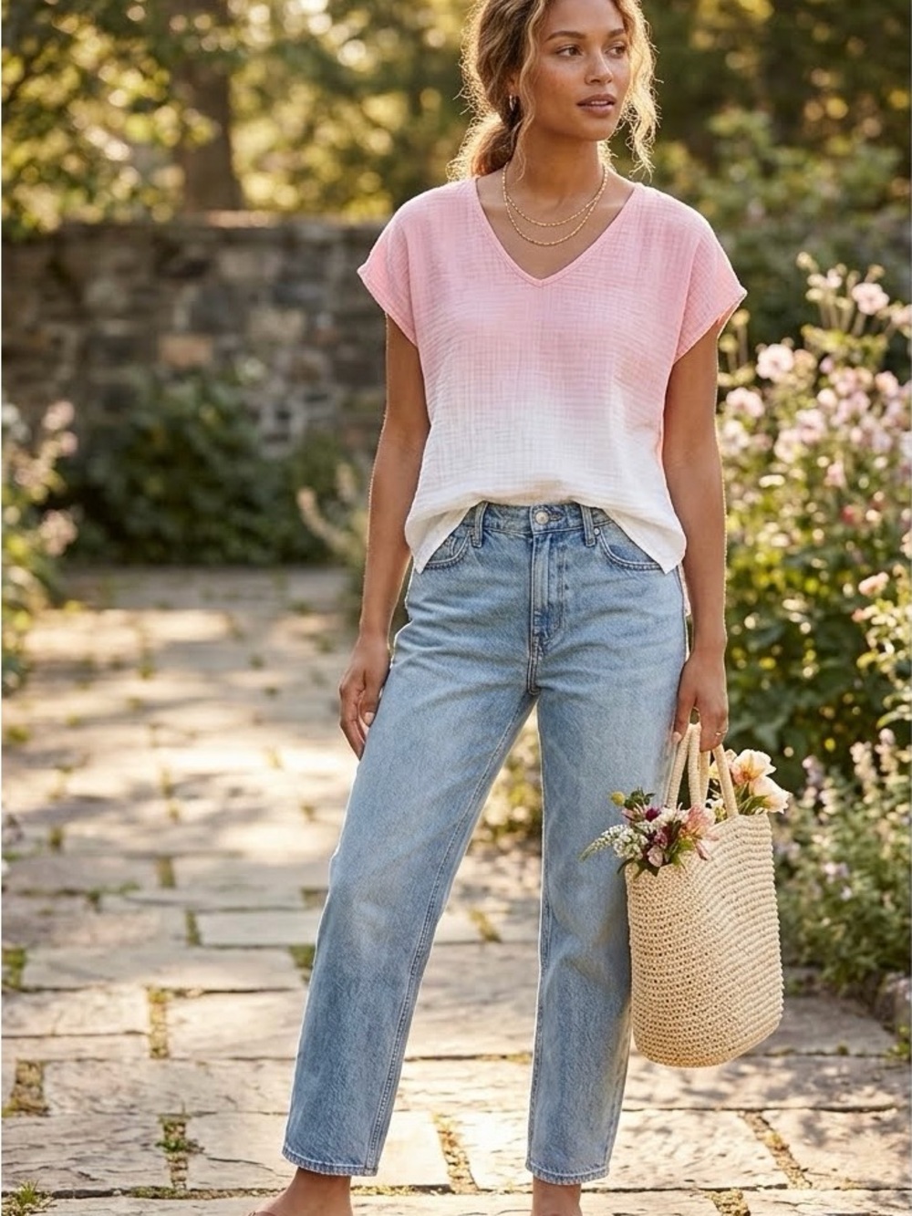 Caslon Pink Ombre Gauze Cotton V-Neck Top Blouse Size S